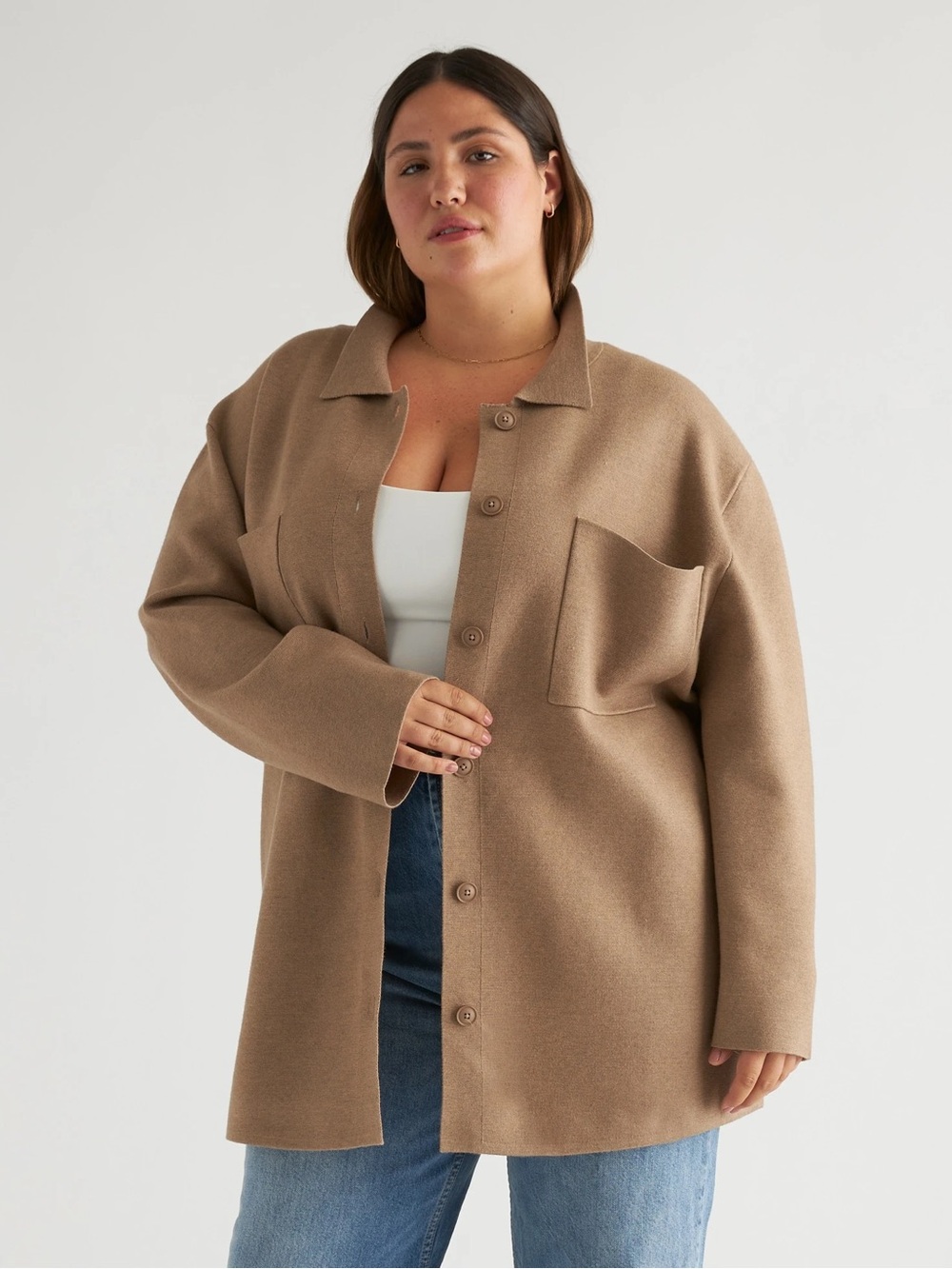 Quince Eco Knit Oversized Shirt Jacket Boxy Minimalist Neutral Taupe Women’s L
